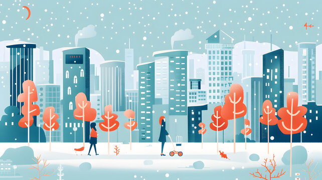冬日城市雪景，兩位女性在雪中漫步
