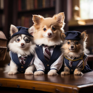三只穿校服的博美犬