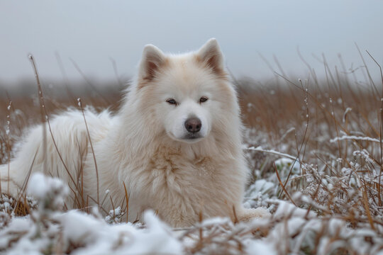 薩摩耶犬雪地躺臥