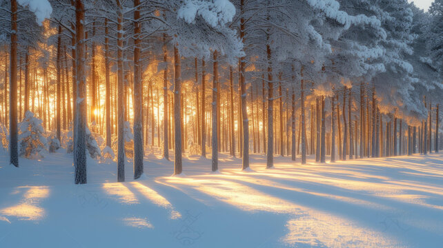 陽光穿過白雪皚皚的松樹林
