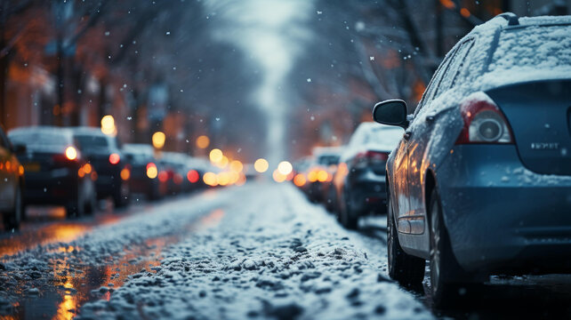暴風(fēng)雪中艱難行駛的汽車