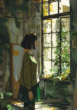 破敗房間窗邊望向遠(yuǎn)方的少女