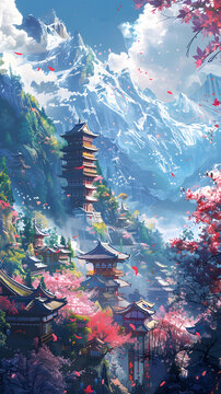 寧靜的山間寺廟：櫻花盛開的景色