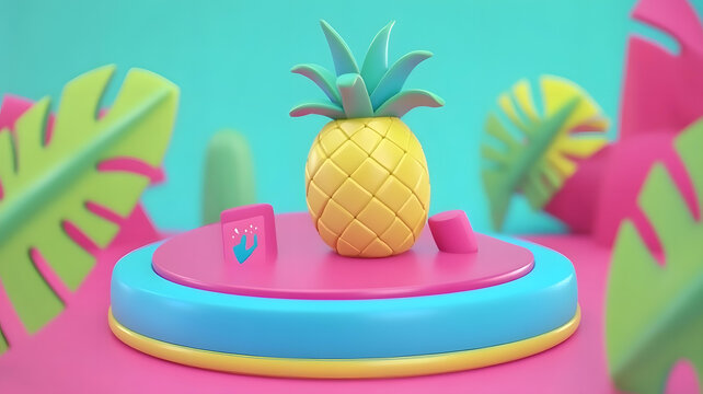 3D渲染的菠蘿水果和熱帶樹葉彩色背景