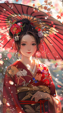 身著和服的日本女性在櫻花樹下
