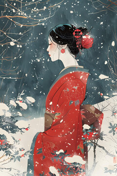紅衣女子雪中漫步