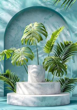 熱帶植物與白色大理石展臺