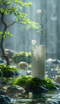 禪意花園：水面上花瓶里的花朵