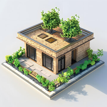 現代綠色屋頂建筑3D渲染