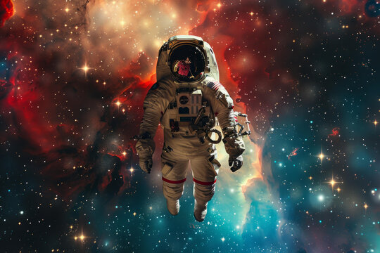 身穿宇航服的宇航員在浩瀚的太空中漂浮