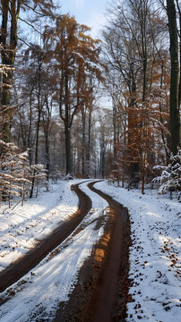 白雪皚皚的彎曲小路穿過稀疏的冬日森林