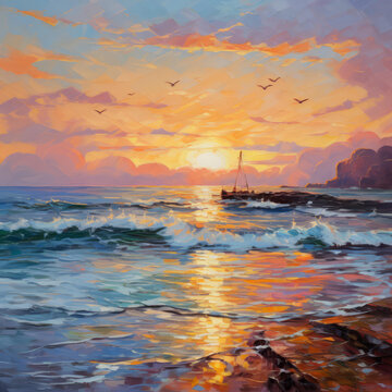 夕陽下的海灘畫作
