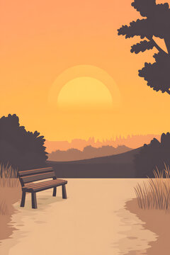 夕陽(yáng)下公園的長(zhǎng)椅與樹木