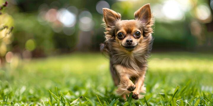 長毛吉娃娃犬在草地上奔跑