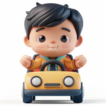 快樂的小男孩駕駛黃色玩具車