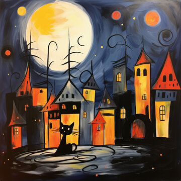 靜謐的黑貓在月夜小鎮(zhèn)