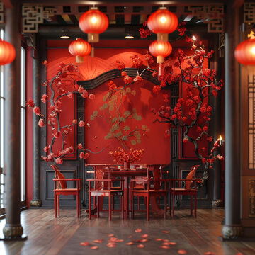 中式風(fēng)格餐廳的紅墻