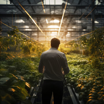 一名男性植物學(xué)家正在溫室里檢查植物的質(zhì)量
