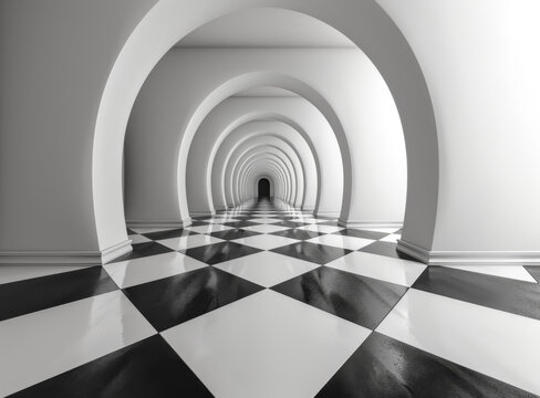 黑白棋盤格地板拱形走廊