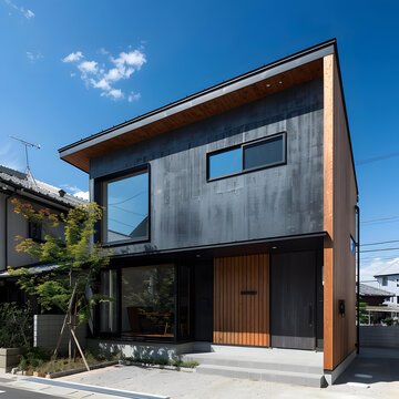 現代日式住宅，黑色混凝土和木質外墻