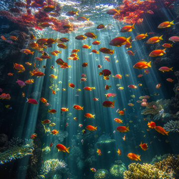 一群熱帶魚在海洋珊瑚礁附近游泳