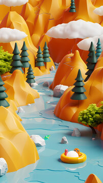 卡通3D山河河流風(fēng)景