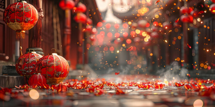 喜慶的中國(guó)新年街道紅燈籠高掛花瓣紛飛