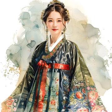 身穿韓國(guó)傳統(tǒng)服飾的年輕女子肖像