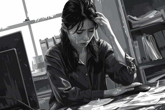 一個坐在辦公桌前看起來很壓力的女人的插圖