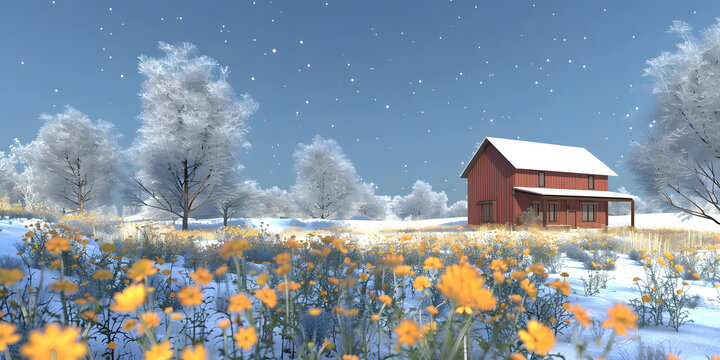 冬日雪景中的紅色小屋