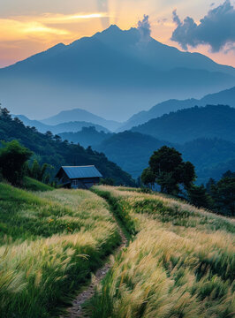 山間小屋夕照