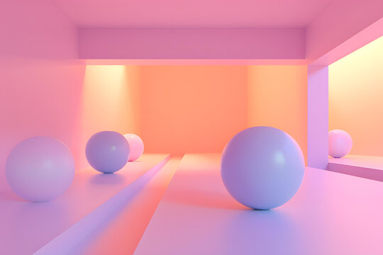 粉色墻壁和紫色球體極簡3D房間