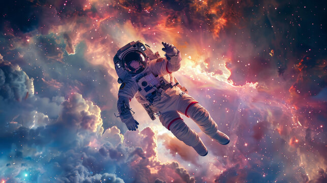 身穿航天服的宇航員在浩瀚的太空中漂浮