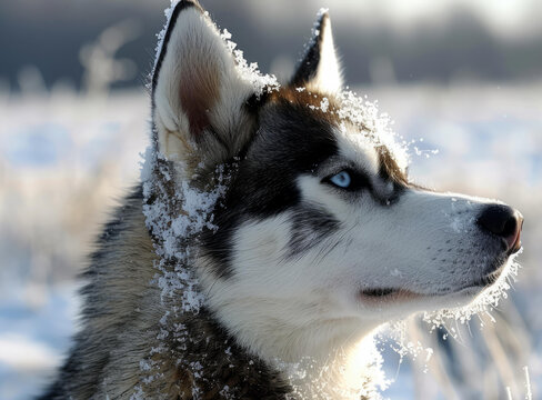 西伯利亞雪橇犬站在雪地里