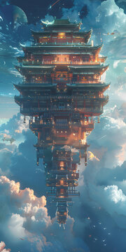 一座漂浮在天空中的中國風(fēng)宮殿