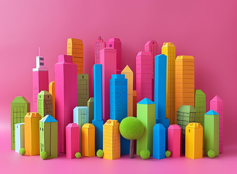 五顏六色的幾何形狀的建筑和一顆樹的3D插圖