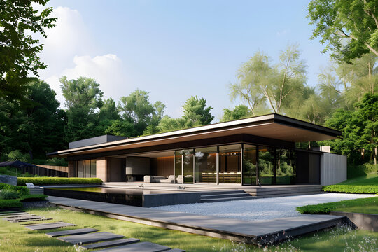 現(xiàn)代建筑，帶有大型窗戶和游泳池的后院