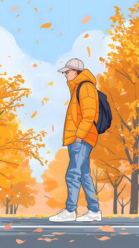 秋天公園里漫步的男人