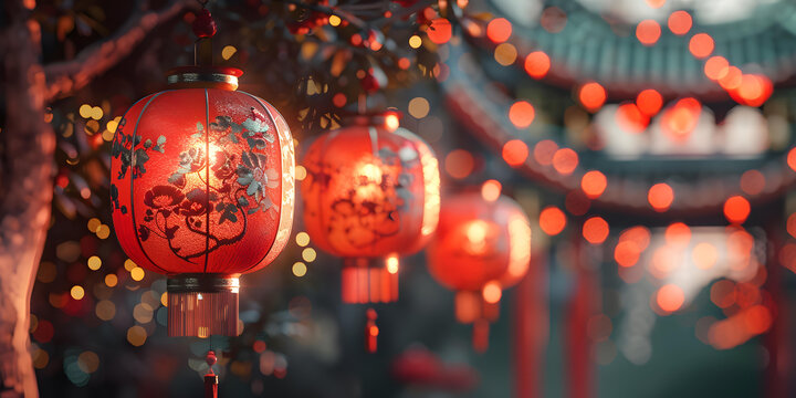 大紅燈籠高高掛起，烘托出節(jié)日氣氛