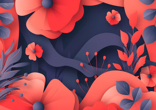 紅色藍(lán)色紙質(zhì)花朵抽象花卉背景