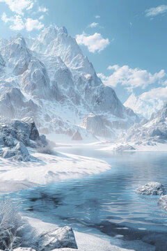 冰封的雪山山谷中的湖泊