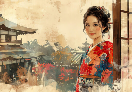 一個身穿和服的日本女人的插圖，站在一個傳統(tǒng)的日本房子前面