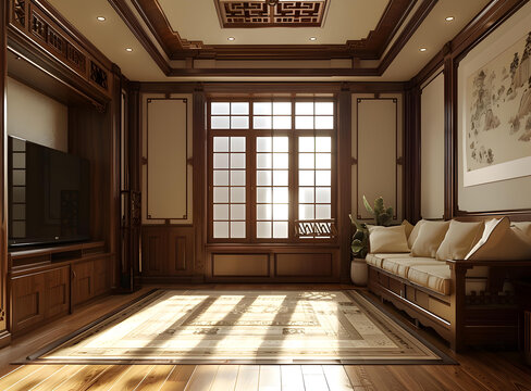 現(xiàn)代中式風(fēng)格客廳室內(nèi)設(shè)計(jì)，木質(zhì)家具，米色沙發(fā)