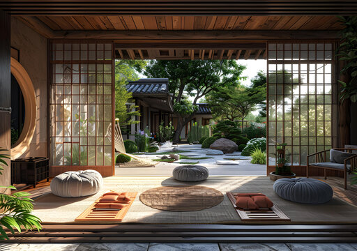 日式風(fēng)格家居室內(nèi)設(shè)計(jì)，帶花園景觀
