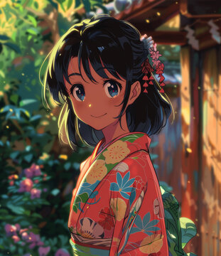 身穿和服的女孩站在花園里
