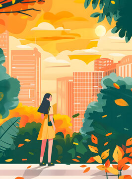 秋日都市，長(zhǎng)發(fā)女子站在高樓前