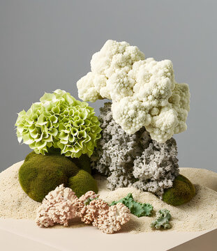 白色和綠色花椰菜、苔蘚和沙子的抽象靜物