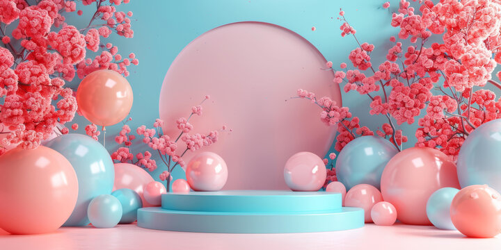 藍(lán)色粉色簡(jiǎn)約立體幾何展臺(tái)背景