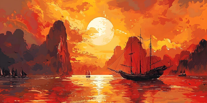 夕陽下的帆船