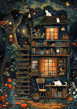 夜晚舒適的樹屋圖書館